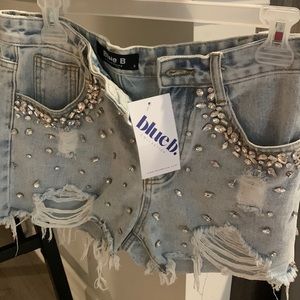 Blue B Collection cutoffs with rhinestones